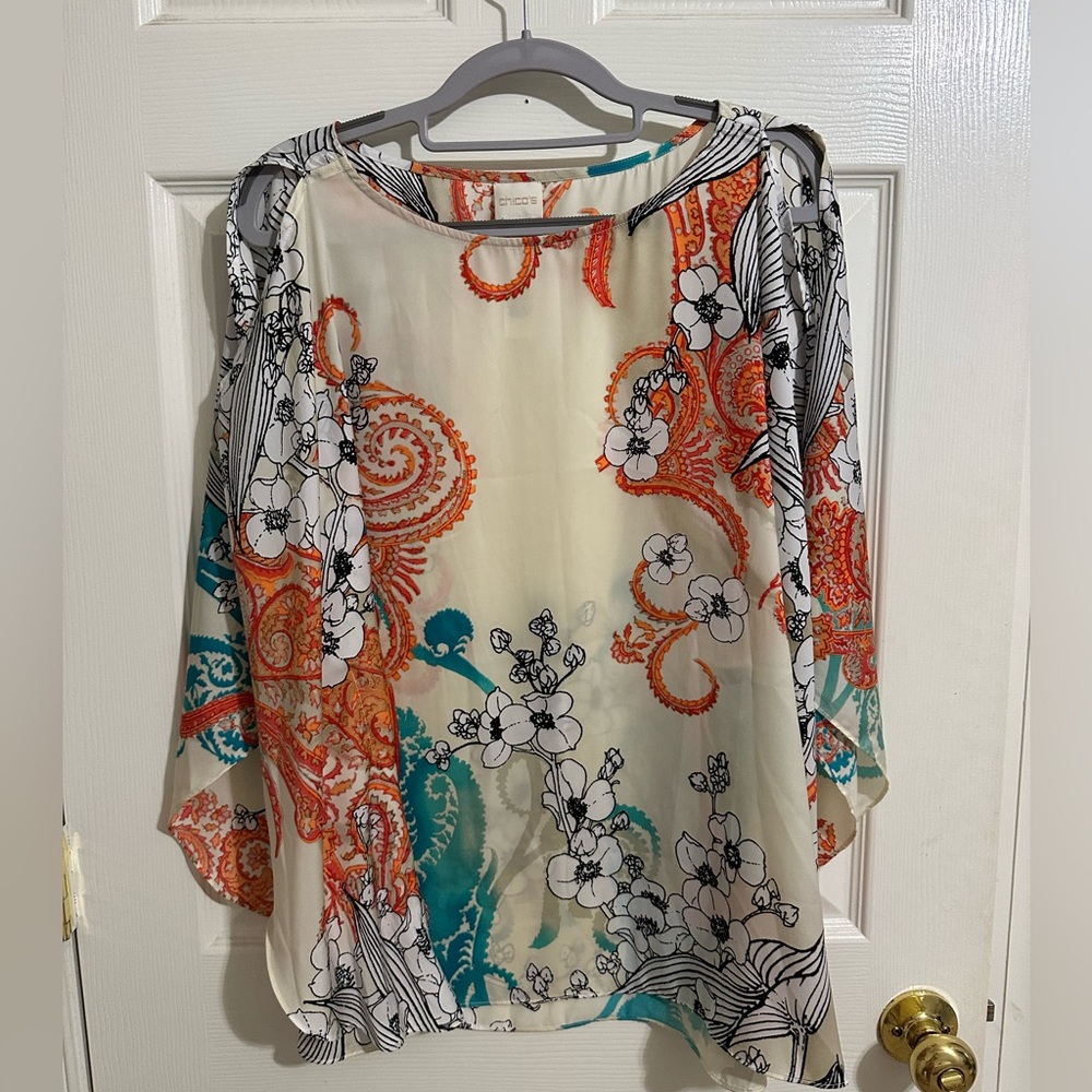 Chicos Patterned Blouse with Cut Out Detailing